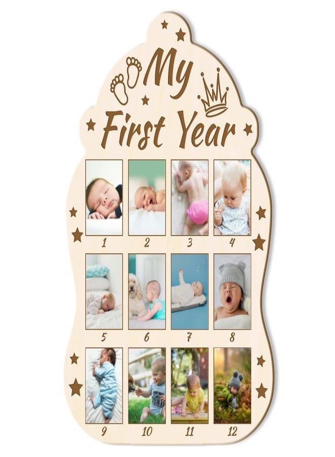ORIGACH Baby Bottle Shape My First Year Baby Growth Photo Display Board, 12 Months Newborn Milestones Wood Keepsake Board for 1st Birthday & Nursery Decor,Crown & Footprint Pattern - Image 1